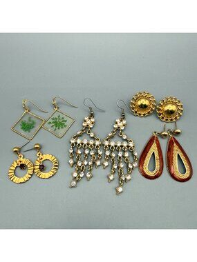 Vintage Earring Lot Monet Avon Gold Tone Button Rhinestone Dangle Teardrop